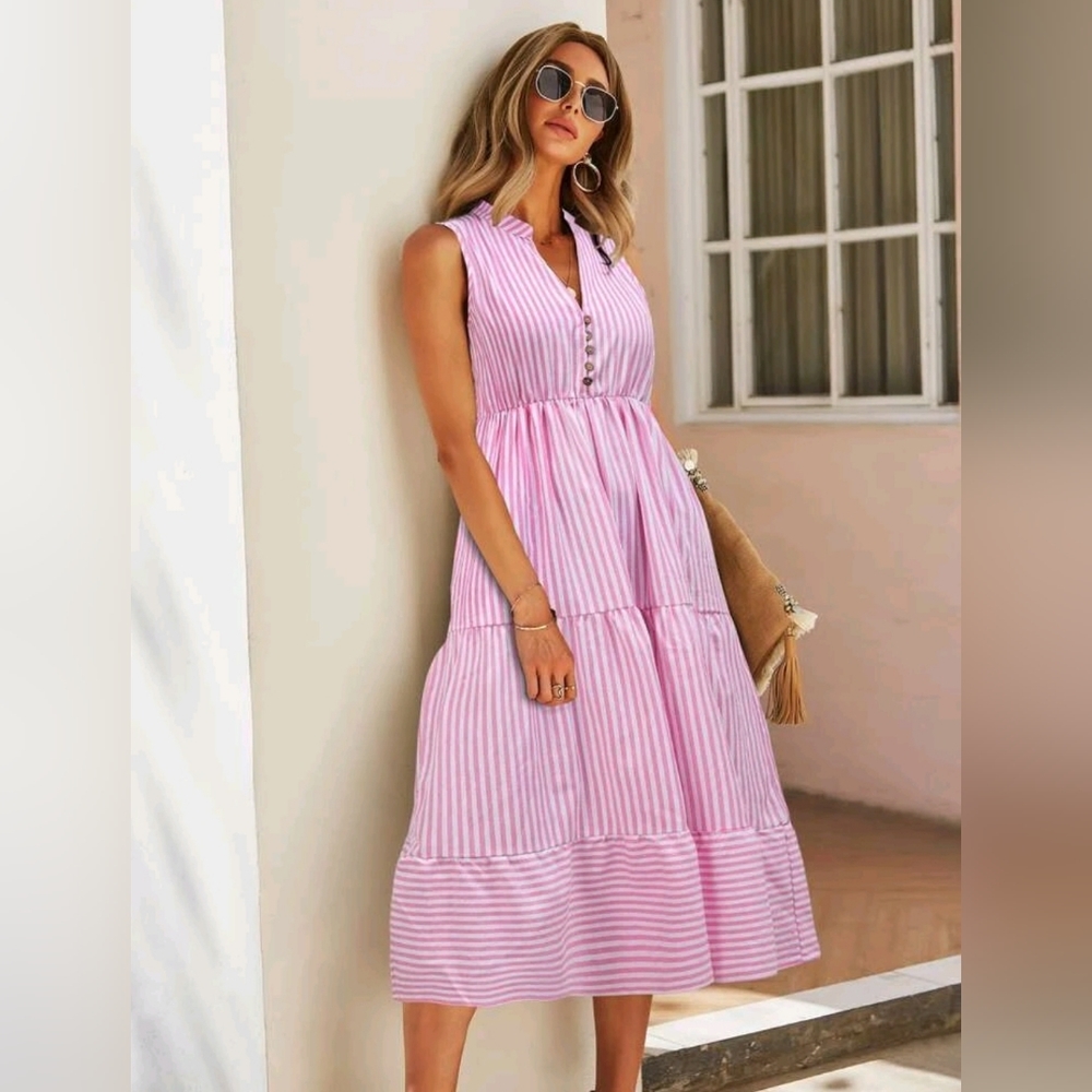 New Chic Striped Tiered Ruffle Midi Dress Sleeveless Pink White